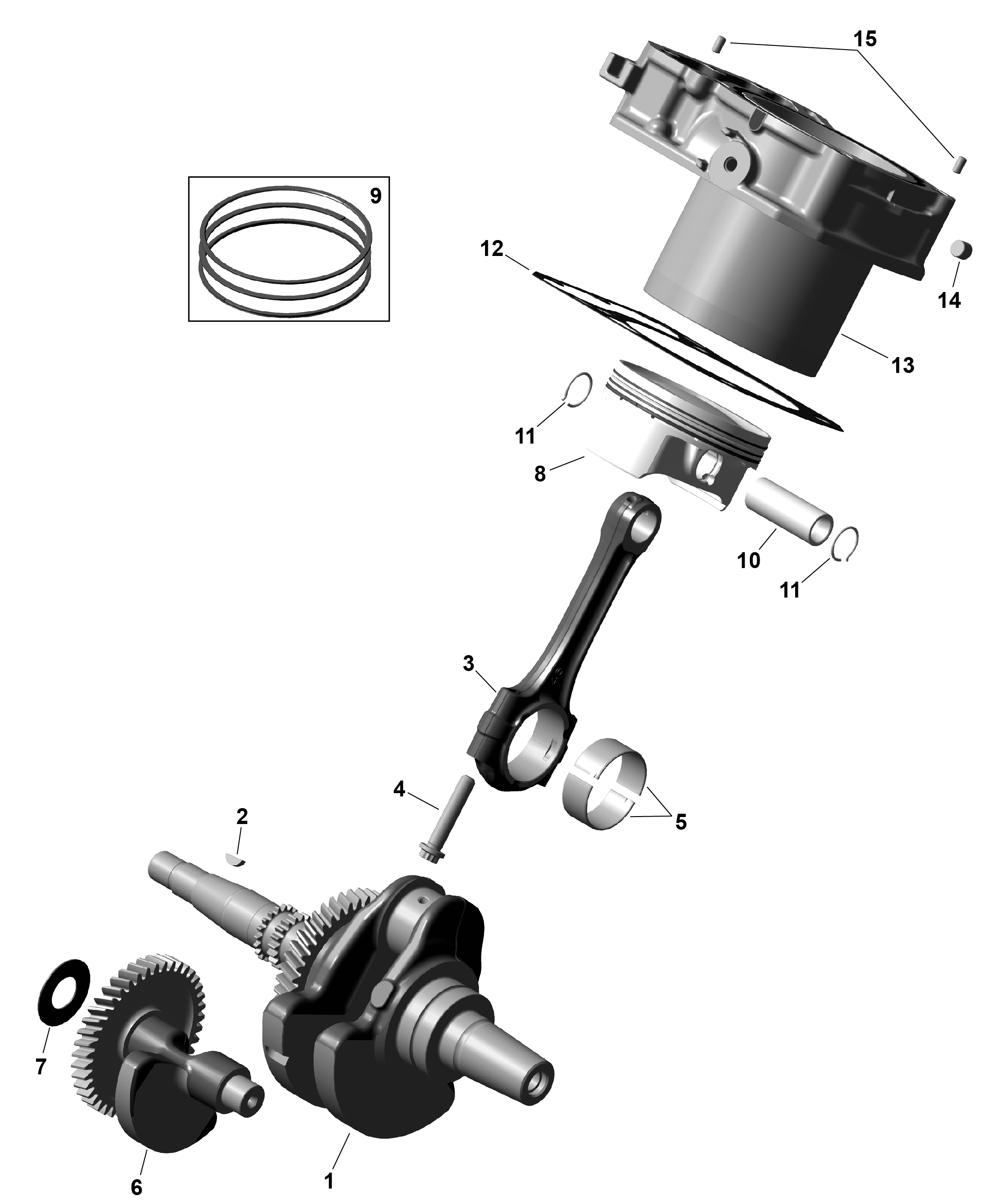 01 ROTAX VILEBREQUIN PISTONS ET CYLINDRE POUR MAVERICK TRAIL 700 BASE CATALYST GRAY 2025