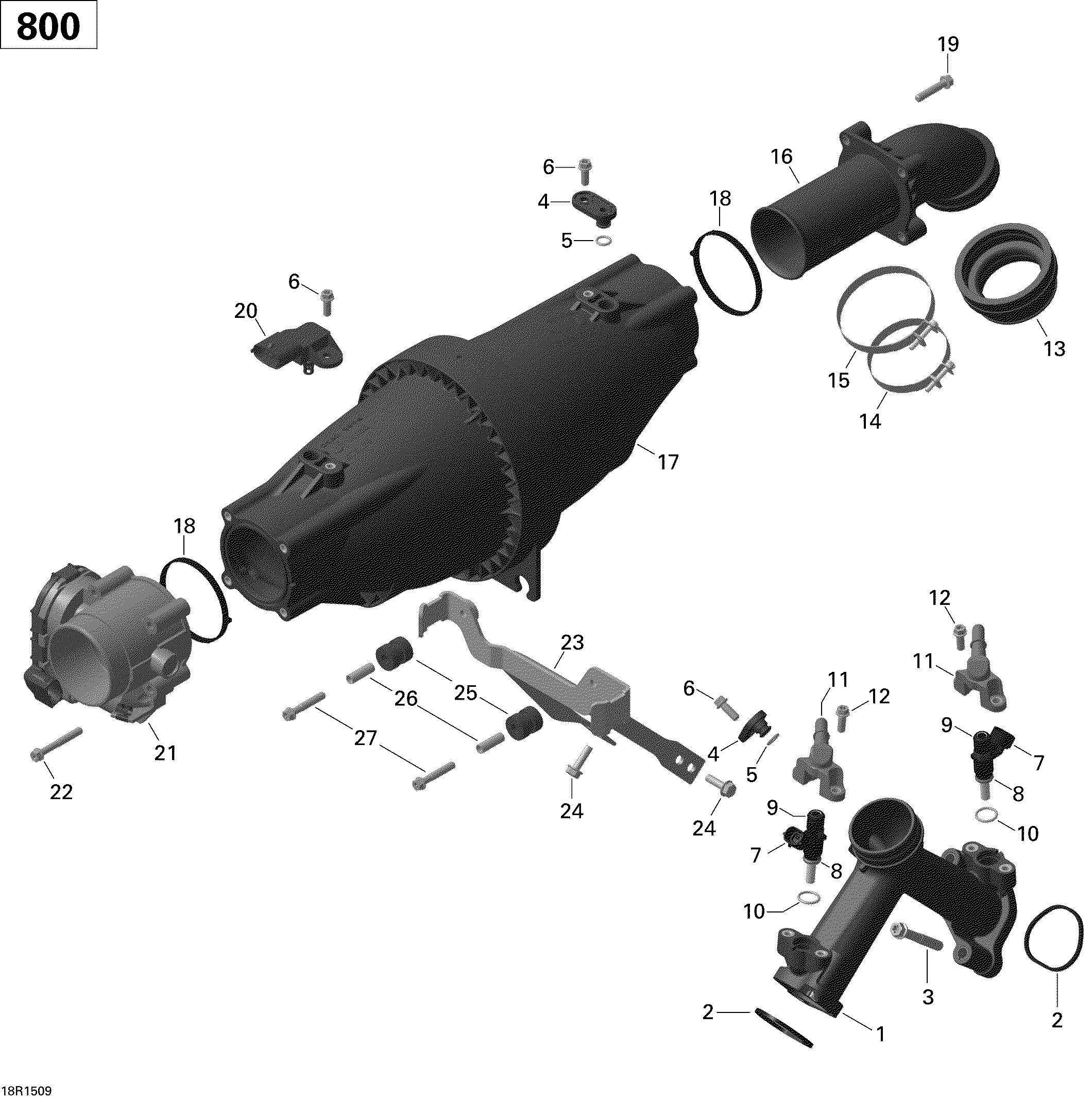 02 COLLECTEUR ADMISSION AIR ET CARTER DE PAPILLON 800R EFI POUR COMMANDER 800R EFI CVT DPS GRIS PALE 2015